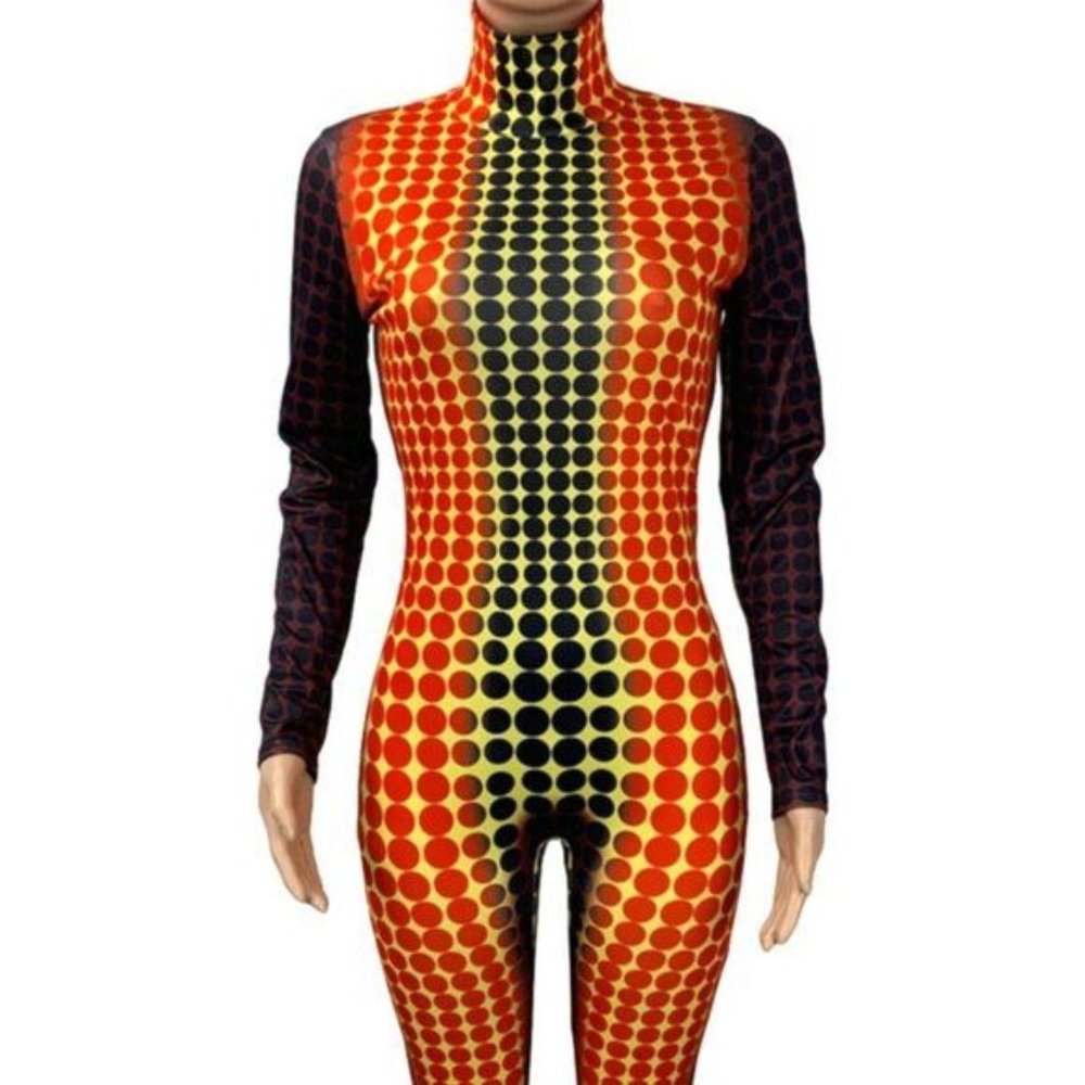 Stasia Skewed: Polka Dot Illusion Bodycon Romper Jumpsuit Medium - Picture 11 of 12